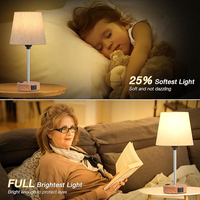 Acaxin Bedside Lamps for bedrooms Set of 2 - Nightstand Bedroom Lamp with USB C Port and AC Outlet Charging, 3 Way Dimmable Touch Control Small Bed Side Table Lamp, Nightstand Light for Kids