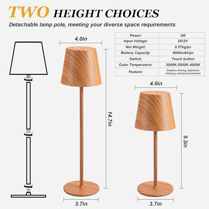 Cordless Table Lamp Rechargeable - Wood Grain 2 Pack 5000mAH Battery Operated Lamp for Counter, 3 Color Stepless Dimming Waterproof LED Wireless Lamp for Dining Kitchen, Outdoor Patio, Touch Control