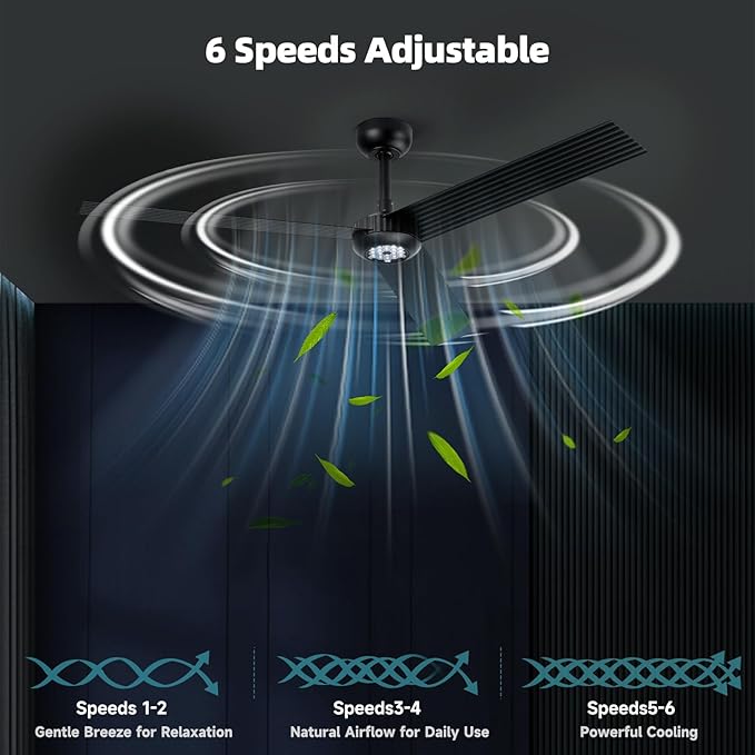 TALOYA 52 inch Modern Ceiling Fan with Lights,Remote Control,3 Metal Blades,Black Finish,6-Speed,Dimmable, Noiseless Reversible DC Motor,Indoor/Outdoor Ceiling Fan for Living Room Bedroom patio