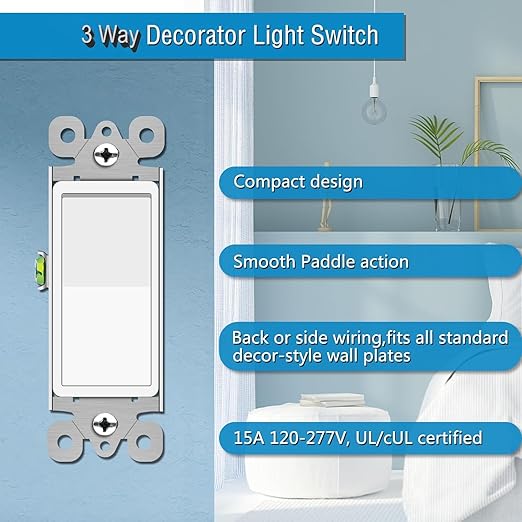 3 Way Switch White, Greencycle 100pk Three Way/Single Pole Light Switch Rocker Switch 15A 120/277V, On/Off Rocker Paddle Interrupter, Residential/Commercial Grade,Home & Office,UL/CUL