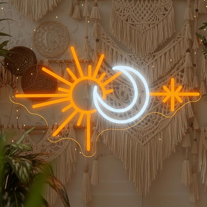 Sun and Moon Neon Sign, Boho Celestial LED Wall Light for Bedroom or Living Room, Spiritual Decor for Women and Teens, Nature-Inspired Neon Wall Art Gift