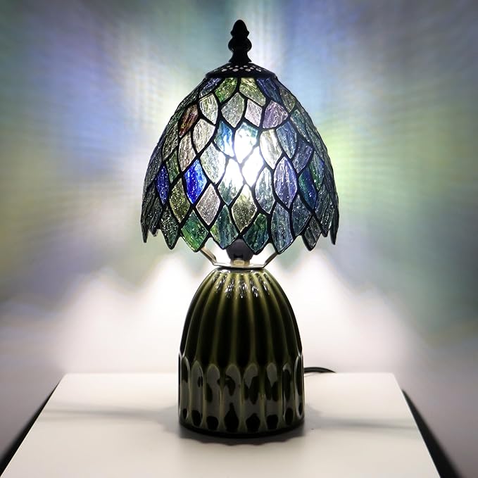 Tiffany Lamp Stained Glass Mushroom Table Lamps 6X6X12.5 Inch Multicolor Leafage Style Small Night Light Ceramic Base Mini Accent Desk Light Suitable for Bedside Table Bedroom Children Room