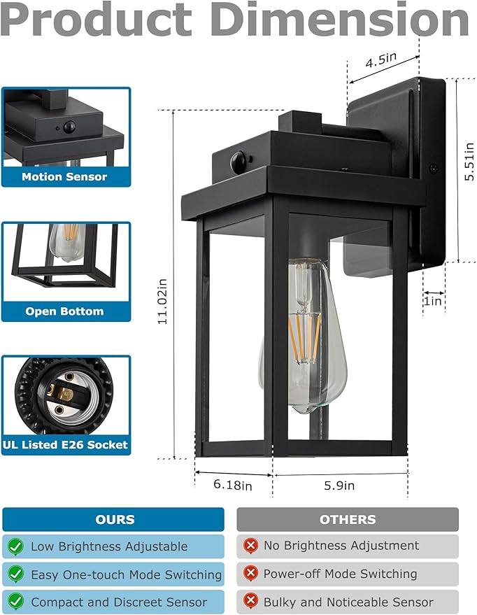 Motion Sensor Outdoor Porch Lights Wall Mounts, Dusk to Dawn Exterior Lighting Fixture for Patio, Outside Black Wall Sconce Lantern for House,Garage