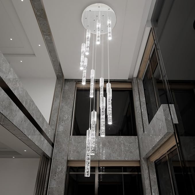 Flashing God Modern Crystal Chandelier Dimmable LED Silver Ceiling Light Crystal Bubble Pendant Lights High Ceiling Chandelier for Living Room Lobby Staircase Chandeliers LED Dimmable 2700K-6000K