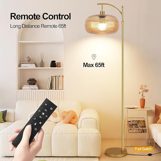 Glass Floor Lamp for Living Room,Bedroom,Gold Mid Century Modern Standing Lamp with Remote,Dimmable Brass Tall Lamp Amber Lamp Vintage Retro Arc Floor Lamps Floor Light Boho Bohemian
