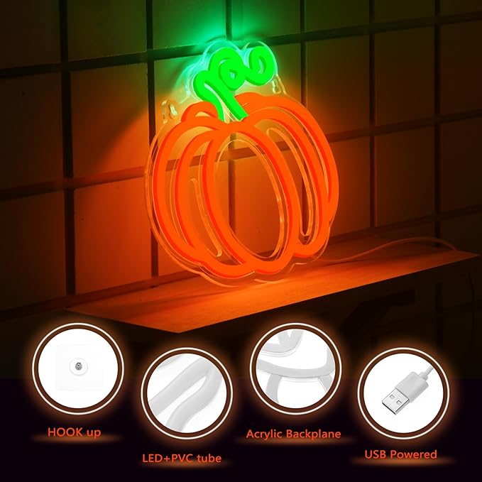 Treela 3 Pcs Fall Pumpkin Window Lights Halloween Neon Light Thanksgiving Neon Sign LED Light up Pumpkin Decor for Bedroom Home Kitchen Harvest Decorations