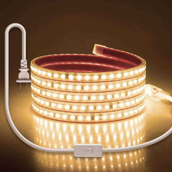 2M LED Strip Lights for Bedroom with Self-Adhesive AC 110V-120V Warm White 3000K Waterproof Outdoor Flexible LED Rope Light Super Bright Plug in With Switch 2835 120LED/M Tape Light for Home Decor