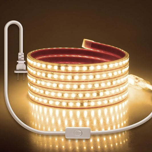 2M LED Strip Lights for Bedroom with Self-Adhesive AC 110V-120V Warm White 3000K Waterproof Outdoor Flexible LED Rope Light Super Bright Plug in With Switch 2835 120LED/M Tape Light for Home Decor