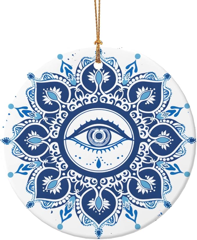 Mandala Demon Eye Christmas Ornaments, Christmas Decorations Xmas Tree Hanging Ornaments, Round Ceramic Festive Keepsake Gift for Xmas Decorations Holiday Home Decor
