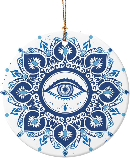 Mandala Demon Eye Christmas Ornaments, Christmas Decorations Xmas Tree Hanging Ornaments, Round Ceramic Festive Keepsake Gift for Xmas Decorations Holiday Home Decor