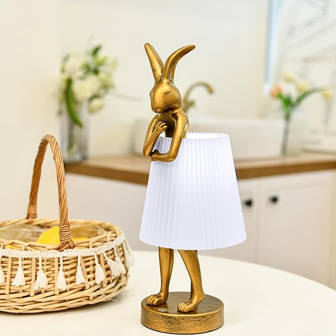 YHT Bunny Table Lamp, Cute Animal Rabbit Lamp,Bunny Lamp,15.7" Vintage LED Desk Light with Linen Lampshade, for Bedroom, Study Room, Office, Nursery, Home Decor (Light Gray)