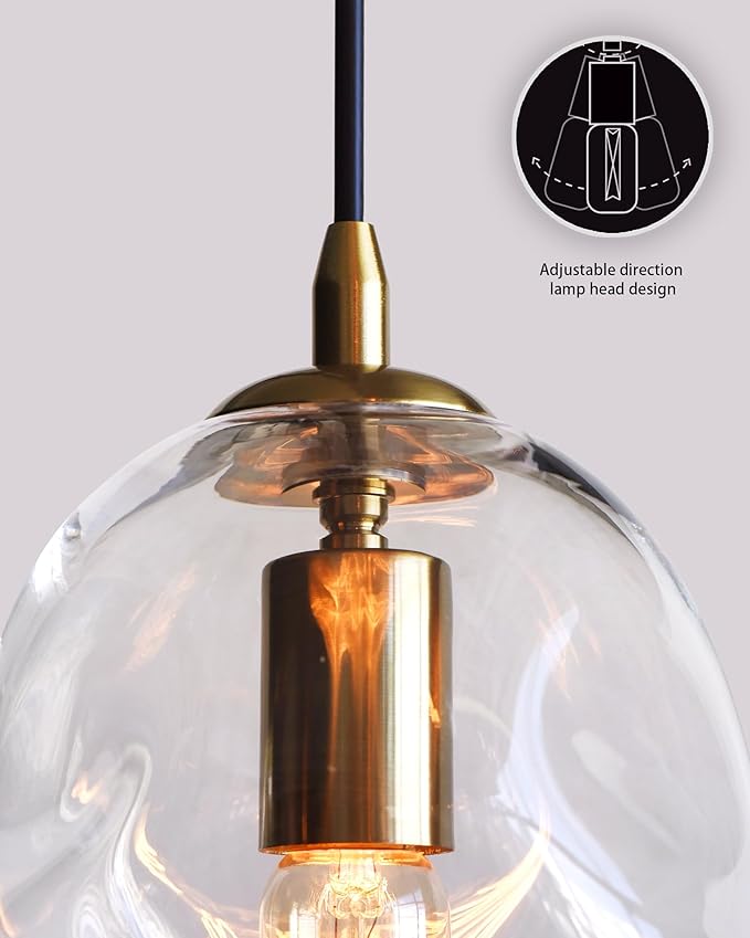 CASAMOTION Modern Glass Pendant Light Kitchen Island Gold and Clear Organic Globe Ceiling Hanging Fixtures Art Glass Industrial Design Dining Room Sink Bar Counter Porch Small Medium Lamp 8 Inch H