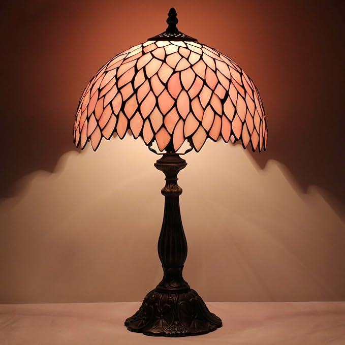 Tiffany Lamp Touch Control Table Lamp Pink Stained Glass Desk Lamp 12X12X19 Inches Wisteria Style Reading Light