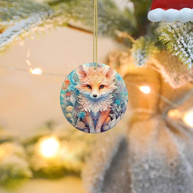 Cute Animal Fox Flowers Christmas Ornaments, Christmas Decorations Xmas Tree Hanging Ornaments, Round Ceramic Festive Keepsake Gift for Christmas Decorations Holiday Home Party Decors