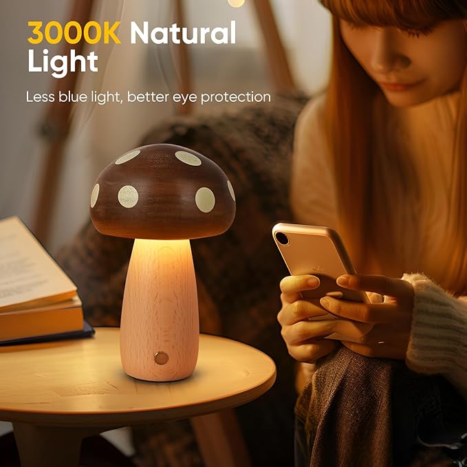 2 Pack LED Wood Mushroom Table Lamp, Rechargeable Cordless Touch Bedside Small Lamps, Wireless Stepless Dimming Night Light, Portable Battery Lamp for Bedroom Nightstand for Birthday Gifts