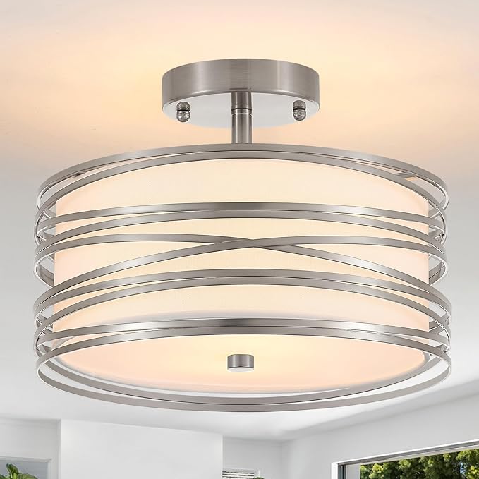 Drum Semi Flush Mount Ceiling Light Fixture Vintage 12.2" Modern Farmhouse 2-Lights Linen Drum Ceiling Lighting Rustic Chrome Ceiling lamp for Dining Room, Bedroom, Laundry Room