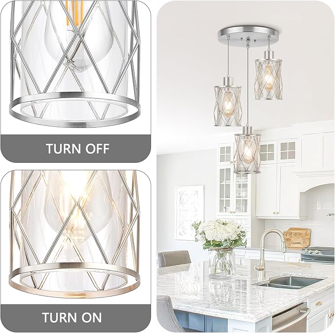 Refice 3-Light Pendant Lights Kitchen Island, Brushed Nickel Kitchen Cluster Hanging Pendant Lights with Clear Glass, Modern Cage Chandelier Light Fixture for Sink Dining Room Bedroom Bar