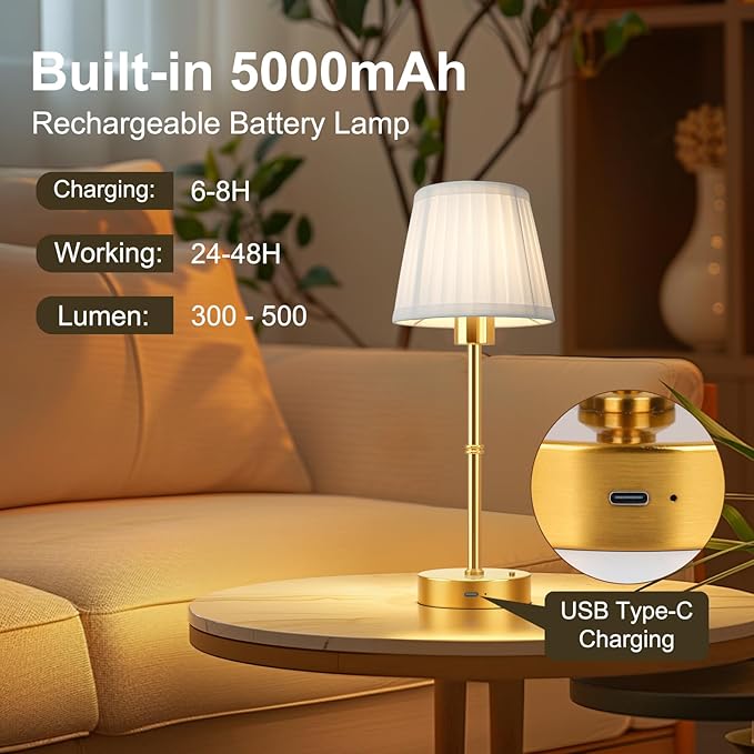 FRIDEKO HOME Rechargeable Table Lamp Gold - Cordless Battery Operated Lamp, Fabric Shade Desk Lamp, Wireless Lamp for Decor Bedroom Dining Table Counter (2pcs-Soft Fabric-Bulb Included-15.7in)