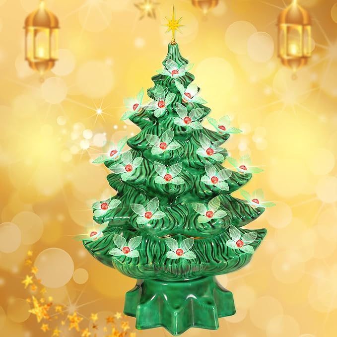 Jutom 100 Pcs Ceramic Christmas Tree Replacement Lights Plastic Vintage Green and Red Holly Ceramic Christmas Tree Lights for Halloween Christmas Ornament