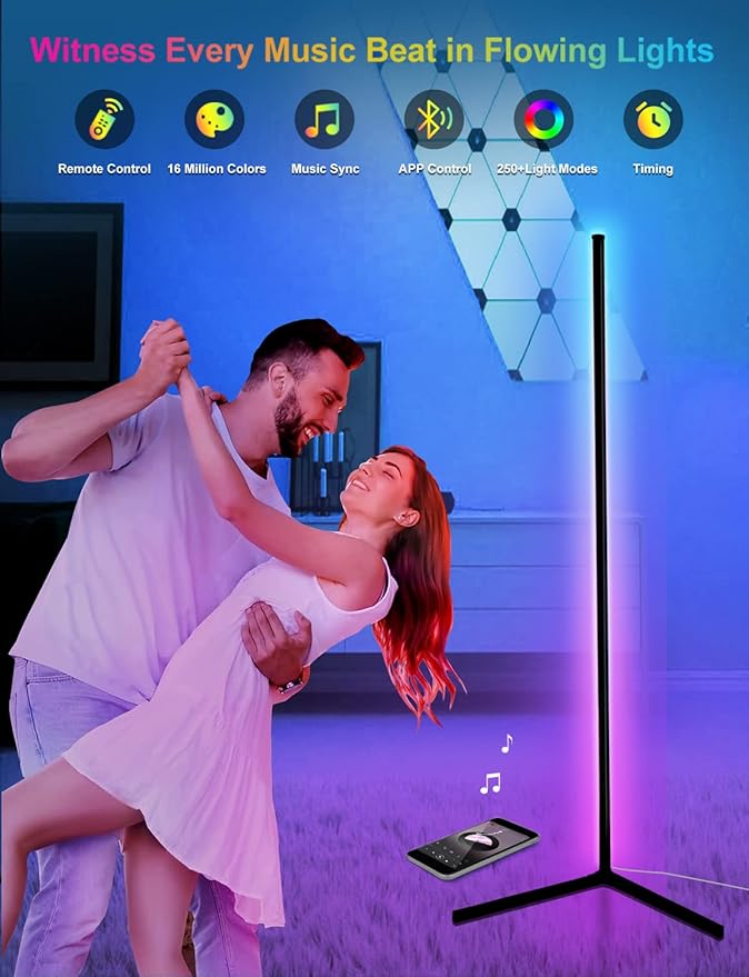 Corner Floor Lamp,65” Color Changing LED Floor Lamp with Music Sync,Modern Mood Lighting Corner Lamp with Remote & App Control, Creative DIY Mode & Timing,RGB Floor Lamps for Living Room Gaming Room