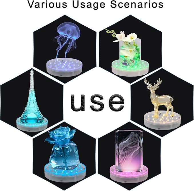 LARDUX Pack of 4 LED Lights Base with Remote - 6-inch Round Lights Display Stand for Effiel Tower Vase Crystal Glass Art LED Pedestal Base - Charging USB or Battery Powered