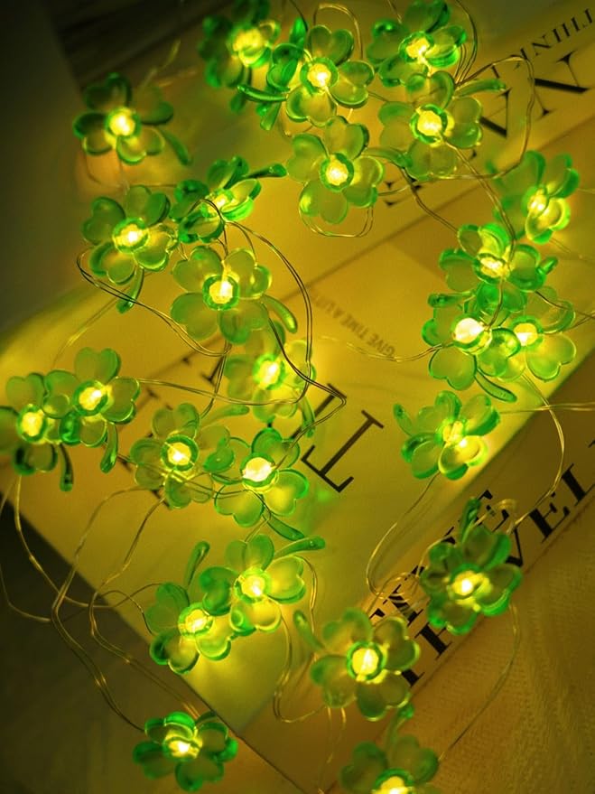St Patricks Day Decorations Green Shamrocks String Lights 10 ft 30 LEDs Battery Operated, Lucky Clover Fairy Lights, Green Lights for Porch Fireplace Golf cart, St. Patrick's Day Decoration