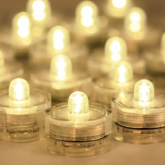 Submersible LED Lights, Waterproof Wedding Underwater LED Tea Lights Candles for Centerpieces/Party/Christmas Set of 24, Warm White