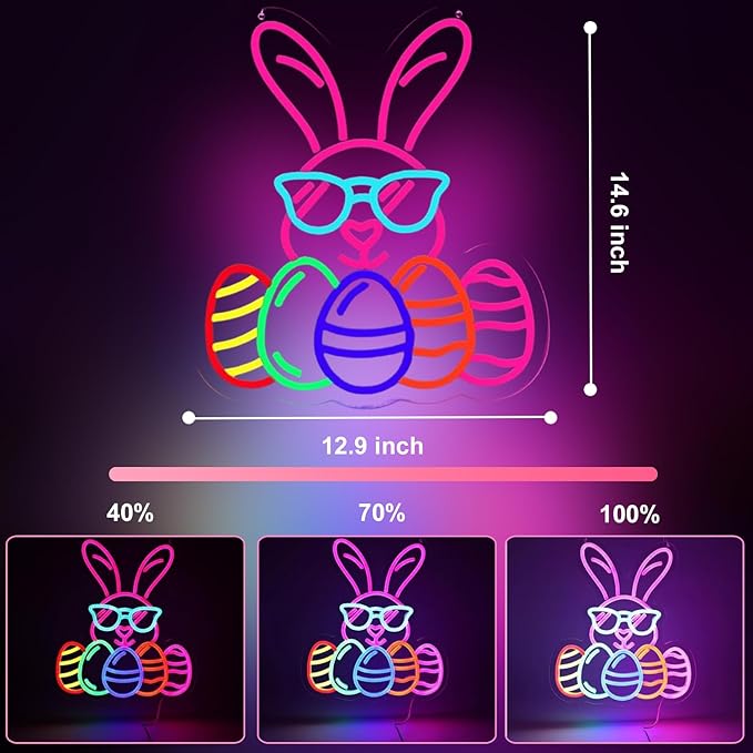 Easter Bunny Egg Neon Signs Decorations, LED Neon Lights Sign for Wall Decor, USB Dimmable Easter Gifts Bunny Wearing Glasses Party Decor for Bedroom Window Door Yard Bar Classroom Church