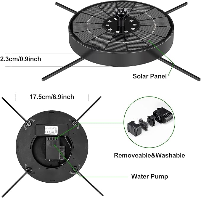 Solar Fountain Pump with 3 Spray Height Adjustments, Upgraded Glass Solar Bird Bath Fountains with LED Lights,6 Nozzles,Outdoor Solar Water Fountain Pump for Bird Bath, Garden, Pool, Pond