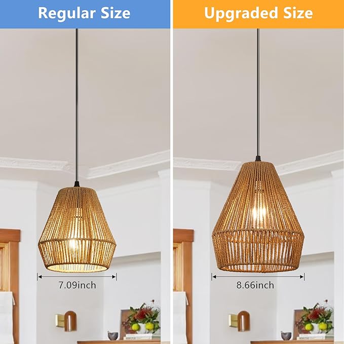 3 Packs Rattan Pendant Light, 9” Boho Hanging Light Fixture Kitchen Island, Natural Hand-Woven Pendant Light, Adjustable Farmhouse Chandelier For Kitchen Sink Island Bar Foyer Bedroom Dining Room