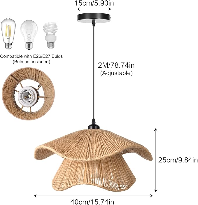 Arturesthome Rustic Pendant Light Fixture, Woven Jute Rope Lampshade Coastal Hanging Lighting, Adjustable Vintage Farmhouse Chandelier Lamp Shade for Kitchen Island Dining Room