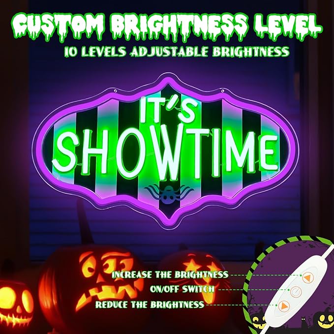 Ajoyferris It's Showtime Neon Sign Dimmable Neon Halloween Sign Showtime Led Sign Horror Movie Neon Lights Striped Gothic Light Up Sign for Halloween Party Decor