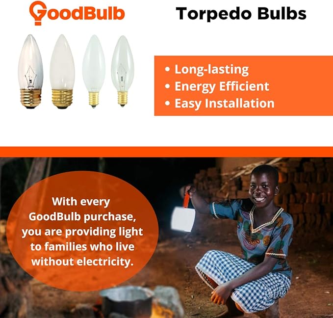 GoodBulb 25 Watt Torpedo Candelabra Light Bulbs B10 Clear Finish E12 Base 2700K Soft White Light Dimmable 25W 175 Lumens Decorative Chandelier Bulbs Incandescent 12 Bulbs Pack