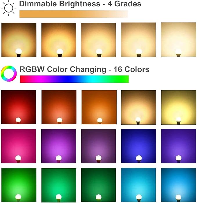RGB Color Changing Light Bulbs,40W Equivalent,9W RGB LED Light Bulbs,A19 E27/E26 Warm White 6500K,16 Color Multicolor Light Bulb Dimmable Light for Home Party Bedroom Outdoor(4Pack)