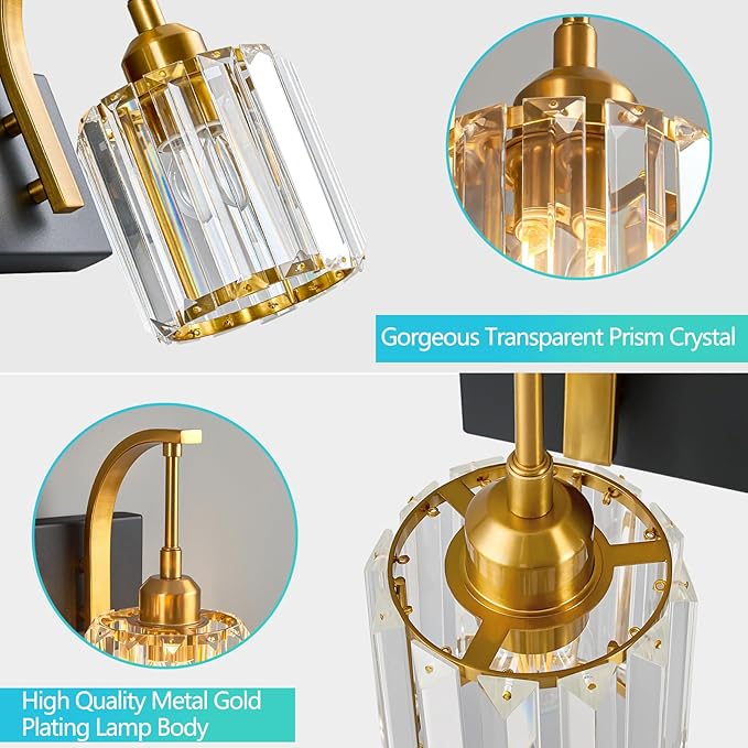 Wall Sconces, Set of 2 Black Gold Crystal Vanity Lights, Modern Wall Lamp for Bathroom, Hallway, and Makeup, Easy Installation