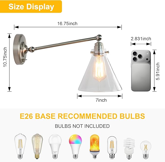 Industrial Vintage Slope Pole Wall Mount Single Sconce with Funnel Flared Clear Glass Shade, Swing Arm Wall Sconce Light Lamp Fixture Hardwired