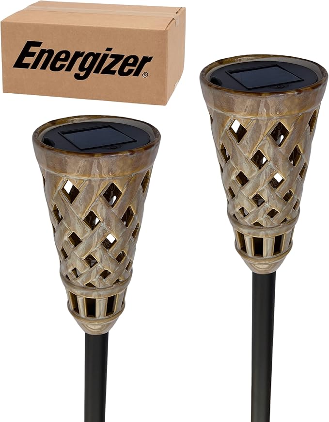 Energizer Ceramic Solar Tiki Torches - LED Solar Outdoor Lights with Flickering Flame for Garden Decor - Solar Garden Lights IP65 Waterproof Solar Powered Outdoor Lights - 2 Pack (Multicolor)