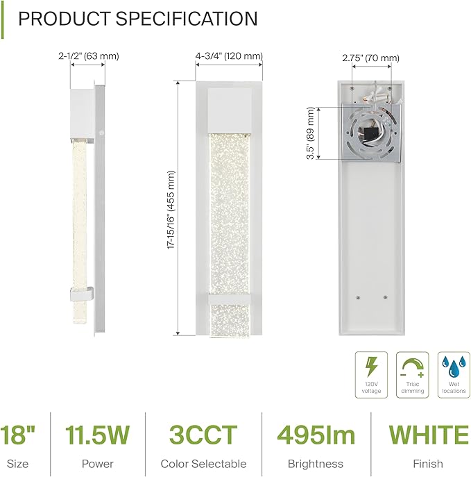 ASD LED 18 Inch Bubble Glass Wall Light Fixture | 12W 500LM 3000K-5000K 120V | 3CCT, Waterproof, Dimmable, ETL Listed | Exterior Flush Mount Sconce, Outdoor-Indoor Lighting | White