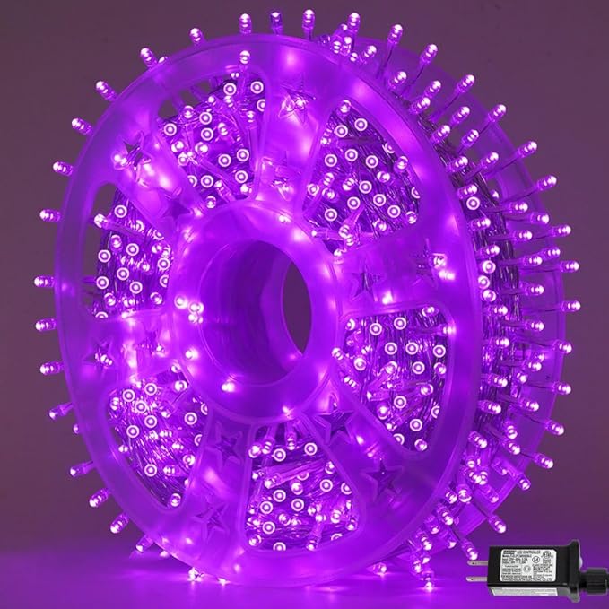 QITONG 165ft 500 LED Purple String Lights Outdoor, Clear Wire Christmas Lights with 8 Modes, Twinkle Xmas Lights Indoor Plug in