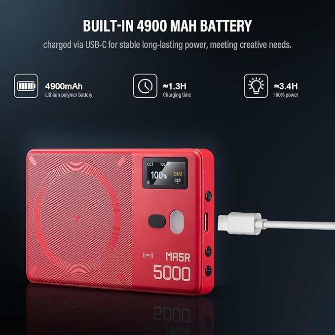 GODOX MA5R LED Fill Light with Soft Diffuser Magnetic Charging Phone Selfie Lighting Mini on Camera Lights 1800K-10000K 14 FX Modes for Selfies, YouTube, TikTok, Vlogging, Video Conferences (Red)
