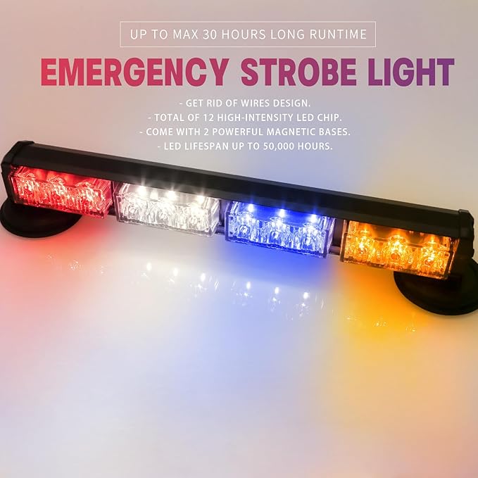 BooYu 14.8" Battery Powered Police Firefighter Emergency Strobe Lights Bar for Trucks/Vehicles Rechargeable Wireless Rooftop Mini Hazard Flashing LED Beacon Warning Light (Red/White/Blue/Amber)