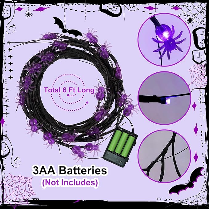 6FT Halloween Spider LED Willow Branch Lights, Artificial Willow Vine Light with 8 Lighting Modes, 18 Purple Spider Battery Operated for Mantle Wall Fireplace Decorations