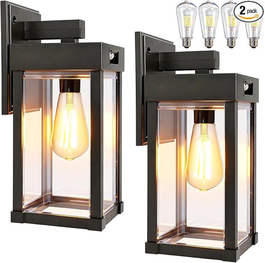 Solar Wall Lights Outdoor, Solar Sconce Lantern with 3 Lighting Modes & Motion Sensor, Porch Light Fixture Outside Waterproof with Clear Panel for Garage Yard Front Door Shed (2 Pack)
