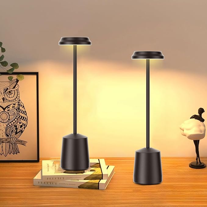 Aluminum LED Cordless Table Lamps Set of 2, Portable Rechargeable 5000mAh Battery Operated Black Table Light, 3 Color Stepless Dimming Touch Control, Desk Lamp for Dinner/Restaurant/Bars/Coffee Shop