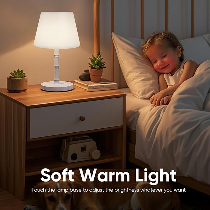 Wireless rechargeable battery LED table lamp, with 3 adjustable light levels, waterproof, suitable for bedroom, office, outdoor, camping, and bathroom decoration, featuring a wood-grain design (white)