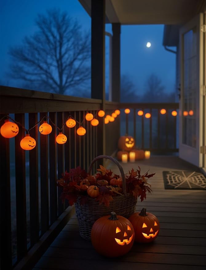 Halloween Outdoor Pumpkin Lights,10 LED Pumpkin String Light 8.5ft Waterproof Orange Jack-O-Lantern Lighted Pumpkins for Indoor Outdoor Home Bedroom Camper Decor Party Decorations