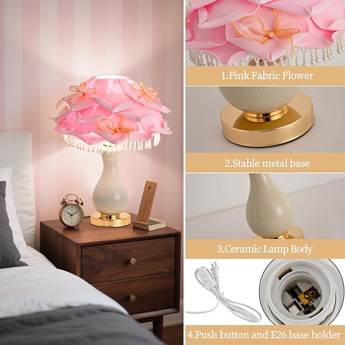 Pink Rose Flower Lamp Nordic Table Lamp Romantic Ceramic Nightstand Light Princess Bedside Lamp for Girl Valentines Mother's Day Wedding Party Deco Bedroom Living Room Entry