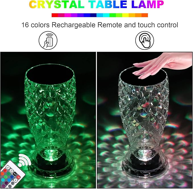 MIFXIN Crystal Table Lamp RGB 16 Colors Changing Remote Control Touch Diamond Lamp USB Charging Decorative Acrylic Led Bedside Light Desk Lamp for Bedroom Living Room Kids Room (Fish Scale)