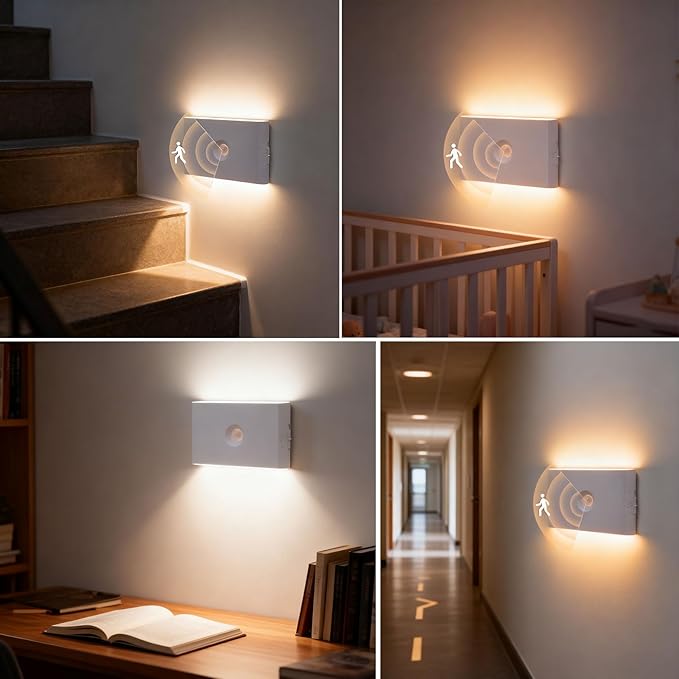 Motion Sensor Night Light, Rechargeable Battery Night Light, 3000K-6500K Magnetic/Stick-on Closet Lights, Dimmable Stair Lights for Bedroom Kitchen Hallway Stairs (2 Pack)