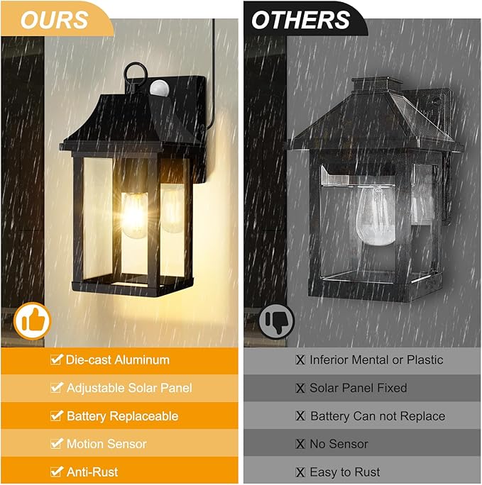 OKELI Porch Lights Outdoor Dusk to Dawn Motion Sensor Solar Wall Lantern Separate Panel & Battery Replaceable Exterior Waterproof Wall Sconce Lighting Lamp (Black A, 2 Pack)